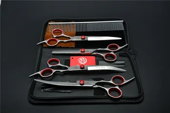 7-инчов Домашни ножици комплекти, директен изтъняване на извити ножици комплекти, 4шт/пакет куче груминг ножици от чантата гребен