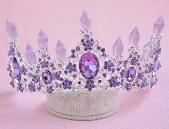 7 см висока короната лилаво Crystal Сватба парти конкурс за абитуриентски бал диадема обици набор шнола за косата на булката аксесоари жени
