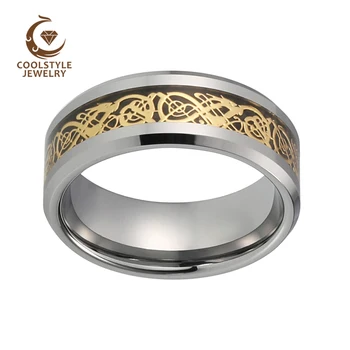 8 мм Мъже, Жени вольфрамовое пръстен годежен пръстен с черен углеродным влакно Златен Дракон инкрустация comfort Fit