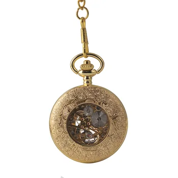 8935Large размер на класически кристални джобни часовници механични златни цветя флип джобен часовник с колан на веригата
