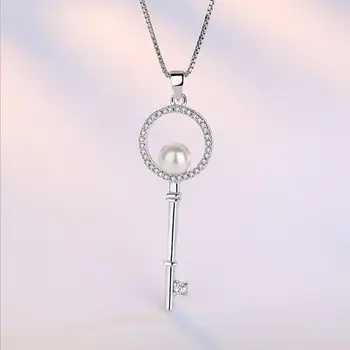 925 стерлинги сребърни бижута, перли, цирконий ключ висулки, колиета, За жени, подарък 45 cm верига огърлица верига яки S-N73