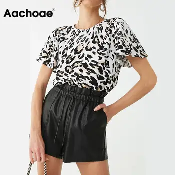 Aachoae Blouse Women 2020 Leopard-Print Blouse Shirt Summer Flare Short Sleeve Casual Върховете O Neck Ladies Office Тениски Blusas