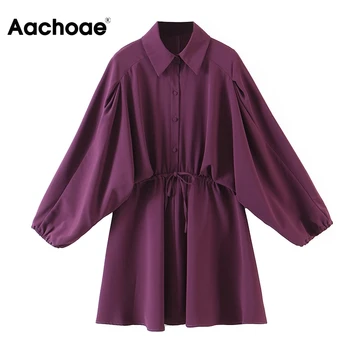 Aachoae Chic Women Turn Down Collar Shirt Mini Dress Solid Batwing Long Sleeve Casual Dress Вратовръзка Пеперуда Еластичен Колан Офис Рокли