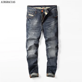 AIRGRACIAS известна марка дизайнер дънки мъжете директни тъмно-син цвят от памук мъжки дънки Скъсани Жан мъжки дрехи размер 28-40