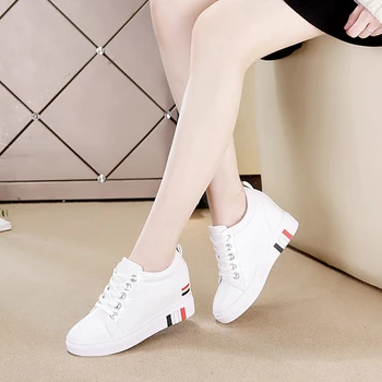 Akexiya New Fashion Leather Hidden Heel White Wedge Sneakers Women Платформа White Lace Up Shoes Woman Casual Shoes
