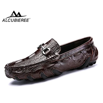 ALCUBIEREE естествена кожа мокасини мъжки луксозни приплъзване на мокасини Ежедневни обувки за шофиране с кожа зимни топли обувки, Мъжки обувки за лодки
