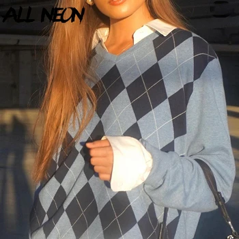 ALLNeon Vintage Y2K естетика Argyle скок Harajuku големи V-образно деколте с дълъг ръкав синьо възли пуловери инди зимни екипировки