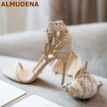 ALMUDENA шампанско сватбени обувки планински кристал, шипове сватбени сандали Bling Bling пеперуда форма на цвете Кристал рокля помпи