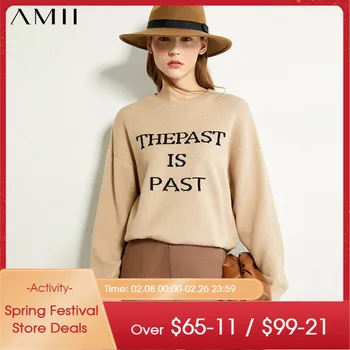 Amii минимализъм Есен Зима блузи за жени, мода Oneck писмо свободни дамски пуловери женски пуловер върховете 12030342