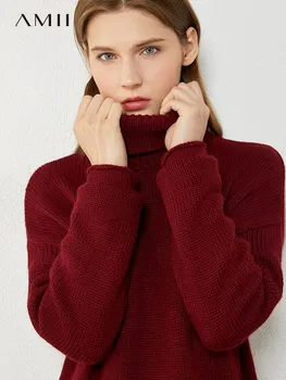 Amii минимализъм зима женски пуловер причинно непрекъсната вълна, дебели дамски поло пуловер мода женски пуловер върховете 12030255