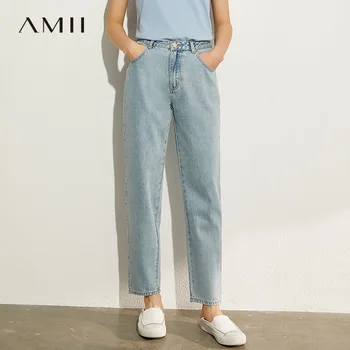 AMII минимализъм Лято, Есен, мода основните дамски дънки причинно памук Висока талия директни Дамски дънки с дължина до глезена 12040693