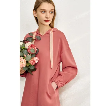 Amii минималистичен Пролет памук рокли Дамски Ежедневни качулка твърди фенер ръкав свободни жена средно дълги до коленете рокля 12030020