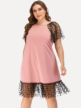 Amtivaya плюс размер рокля елегантна Секси 2020 лято дантела розов шифон шевове Crewneck Meshparty Woman ' s ежедневни дамски дрехи
