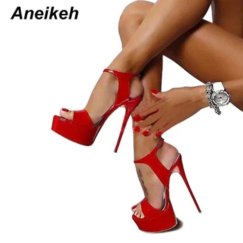 Aneikeh 2019 летни сандали на платформа пикантни 16 см дамски сандали на висок ток с отворени пръсти обтегач обувки за нощен клуб Черно голям размер 44 45 46