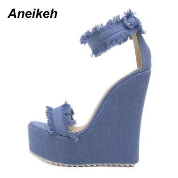 Aneikeh 2020 New Платно Casual Open Toed Секси Spring Shallow Платформа High Heels Women Shoes Прозрачни Сини Обувки Лодка 39 40