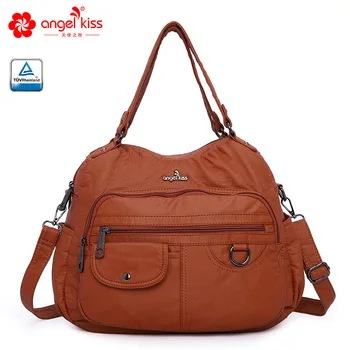 Angelkiss марка измити ПУ чанти високо качество Hobos чанти за жени Crossbody чанта за рамо дами Mochila Bolsa