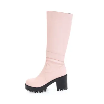 ANNYMOLI дамски дълги ботуши, обувки на платформа с висок ток ботуши до коленете метални орнаменти дебели токчета на Дамски ботуши бял розов зима 45