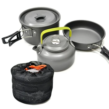 ARICXI преносими къмпинг гърне гърне чайник набор от алуминиева сплав открит посуда, Прибори 3 бр. / компл. чайник кулинария инструмент за пикник, барбекю