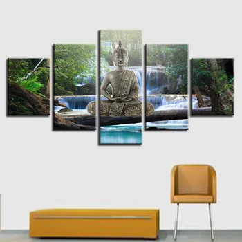 Art HD Printing Decor 5 бр. златен Буда медитация водопад пейзажные картини модулни холщовые картини за стената на хола