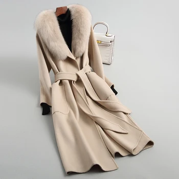 AYUNSUE вълна палто жени натурален Лисича кожа яка дълги, тънки вълнени палта с колан Есен-Зима дамско яке 2020 JH17196