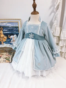 Baby Girl Есен Зима светло синьо снежна кадифе с дълъг ръкав Принцеса Лолита бална рокля Рокля за момиче Коледа ежедневни