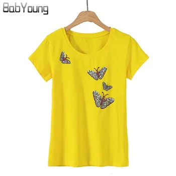 BabYoung летни потници, жените тениска пеперуда шаблон Фланелка памук с къс ръкав Harajuku тениска дамски тениски Femme жълт