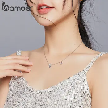 Bamoer звездите и Луната брънка от верига Огърлица за жени 925 сребро 45 см сватбена мода бижута яка нов дизайн SCN404