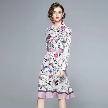 Banulin 2020 есен жените ретро рокля писта с дълъг ръкав цветен принт елегантен колан Midi Dress Vestido Robe ete femme