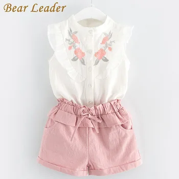 Bear Leader Girls Sets 2021 New Children Clothing риза без ръкави +бели панталони 2 елемента за малки момичета дрехи мода момичета костюми