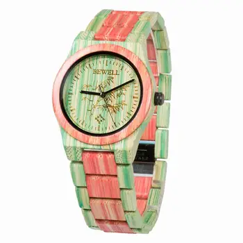 BEWELL Women Men Watch елегантни цветни бамбукови дървени часовници, Водоустойчиви моден Кварцов часовник мъжки женски (с подарък кутия)