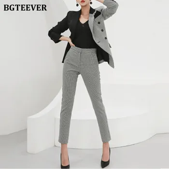 BGTEEVER елегантен лоскутный женски брючный костюм тънък Хаундстут яке и панталони с висока талия ретро женски блейзър комплект есен 2020