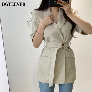 BGTEEVER елегантен хлопчатобумажный и бельо работен блейзър женски годишен женски сако с къс ръкав и колан 2020 женски джобовете на горно облекло