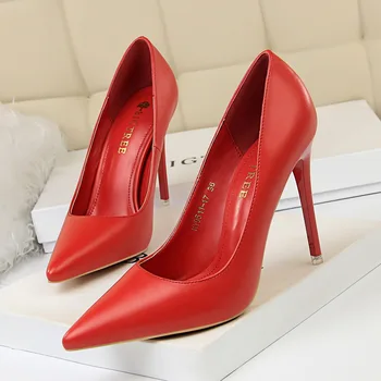 BIGTREE обувки от мека кожа мода жените помпи бонбони с цвят на Остър чорап офис обувки жена на високи токчета вечерни обувки голям размер 34-43