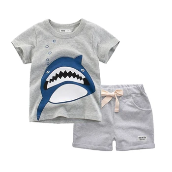 BINIDUCKLING 2020 лято детски момчета Детски дрехи набор от животни акула е памук, бебе момче, Детски дрехи, комплекти 2Т-7т 2 бр.