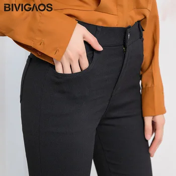 Bivigaos дамски есен нова бутон цип молив панталони корейски черни гамаши дами плюс размер еластичен слаб, тънък панталон дамски