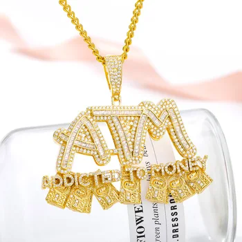 Bling Iced Out Letters ATM колиета Miami Кристал Циркон златен цвят, хип-хоп, пънк подарък Египетски стил за мъже, жени бижута подарък