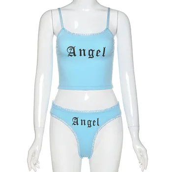 BOOFEENAA Angel Print Секси Сладко 2 Piece Set Lingerie Cotton Lounge Носете летни дрехи за жени 2020 съответните комплекти C83-H99
