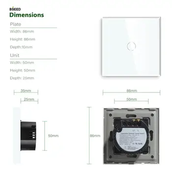 Bseed Touch Dimmer 1 Gang 1 Way EUtandard Touch Sensor Dimmer Switch Черно От Бяло Злато В 3 Цвята С Панел От Кристално Стъкло