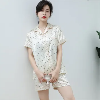 CAIYIER 2020 летни копринени пижами, определени за жени, праскова сърце печат пижами Секси Lingere пижами костюм плюс размер дрехи за дома M-5XL