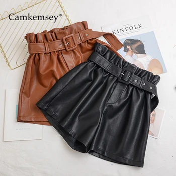 CamKemsey S-5XL плюс размера на есен зима изкуствена кожа шорти жени 2019 разтеглив Висока талия широко крака кожени панталони с колани