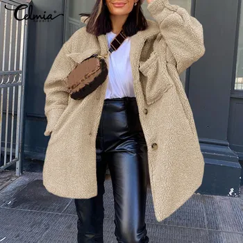 Celmia Women Faux Fur Coats 2021 Warm Winter Jackets Vintage Plush Teddy Overcoat Casual Свободни Джобове Реколта Плюшен Връхни Дрехи