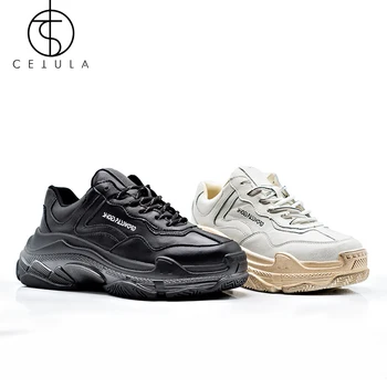 Cetula Women Sneakers Shoes Lace-up Urban Waxed Full Grain Leather Atheletic Women Shoes ft.Silver&Black, Тонове Oversize Подметка