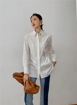 CHEERART Пролет 2021 моден дизайнер бяла риза с дълъг ръкав дамски потници и блузи с цип на пистата за кацане ивица корейски стил на облекло