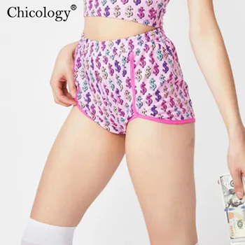 Chicology $ Dollar Print Crop Camis Top High Waist Short Female 2 Two Piece Set 2020 Summer Sexy Women Clothing Club Y2K съоръжения