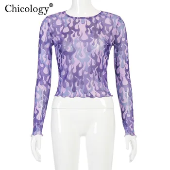 Chicology mesh neon fire print T-shirt women long sleeve crop top tshirt 2019 есен зима градинска тениска Дамска