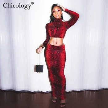 Chicology Snake Print Two Piece Matching Set Long Sleeve Crop Top Midi До 2020 Fall Winter Club Fashion Clothes 2 Pc Outfits