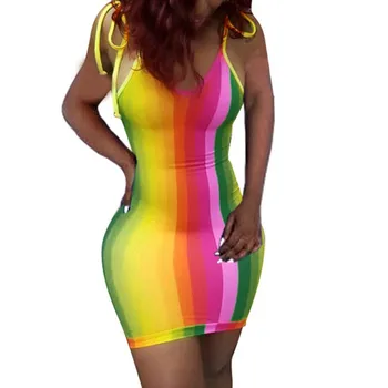CHRONSTYLE Spaghetti Strap Секси V-образно деколте и женствена рокля 2020 New Party Off Shoulder Summer Rainbow Stripe Dress Bodycon Party Dress