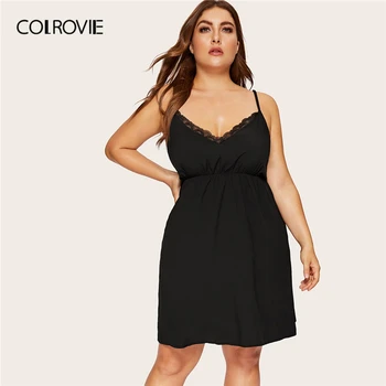 COLROVIE Plus Size Black Contrast Дантела Night Dress Women 2019 Sexy Summer спално облекло спално облекло Ladies Solid V образно деколте Loungewear