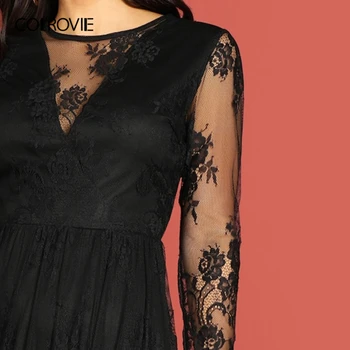 COLROVIE черна мрежа с дълъг ръкав парти рокля дантела Дамски дрехи 2019 Пролет линия с висока талия макси рокля вечерни дамски рокли