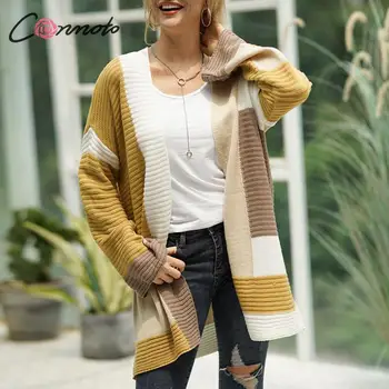 Conmoto мода цвят блок жилетки и пуловери жените Есен Зима трико с дълъг ръкав жилетка женски пуловер якета и палта